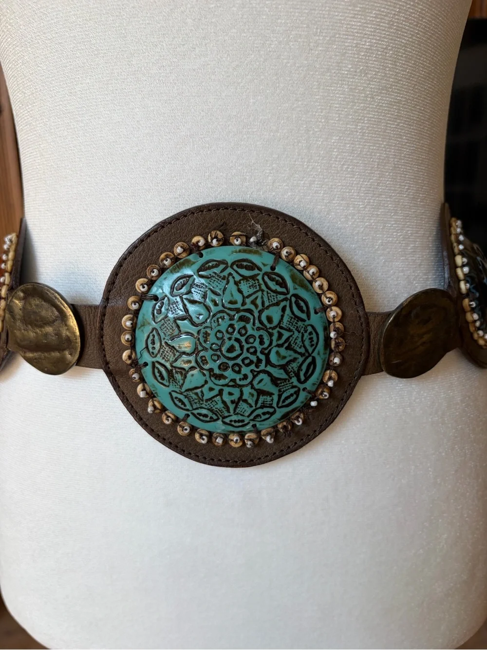 Chicos Genuine Leather Concho Belt  Turquoise Blue and Rust Medallions Sz M/L
